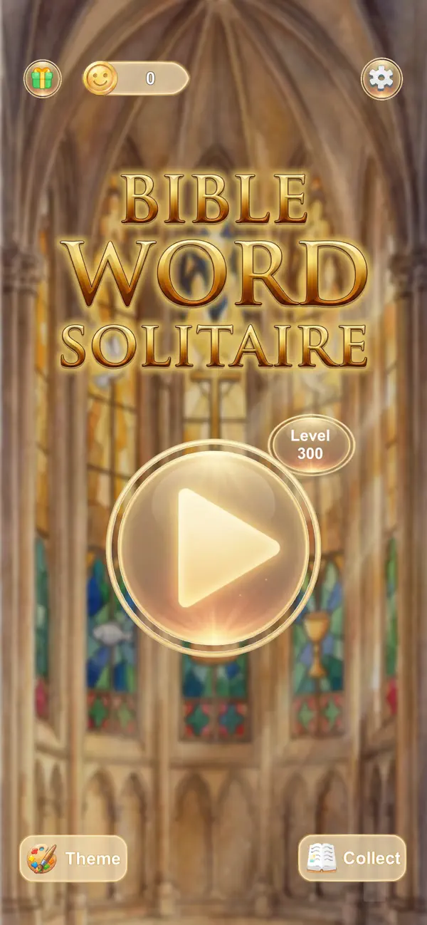 Bible Word Solitaire main menu with a gold play button, cathedral background, and Theme and Collect buttons.